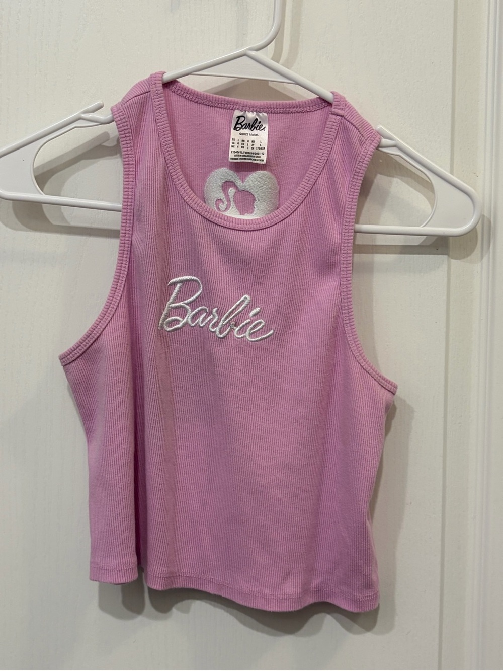 Barbie Pink Ribbed Crop Tank with White Embroidered Logo